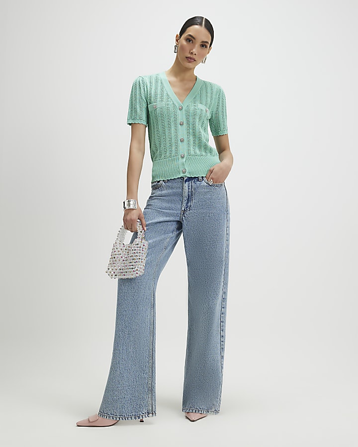 Green Short Sleeve Crochet Knit Cardigan