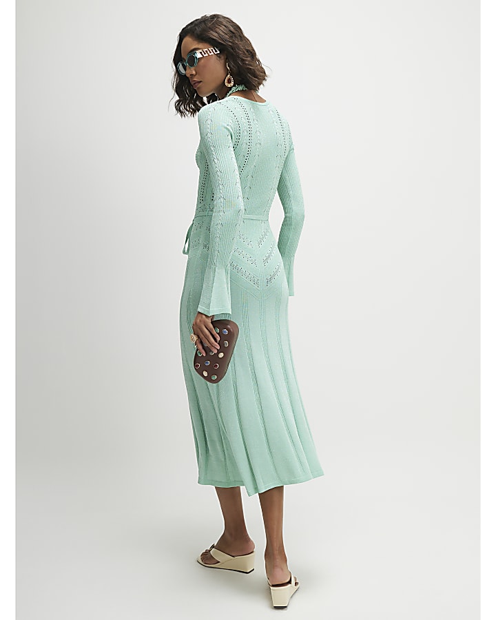 Blue Metallic Flare Knitted Midi Dress