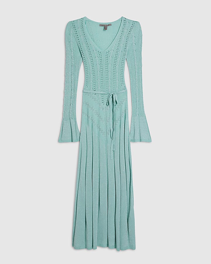 Blue Metallic Flare Knitted Midi Dress