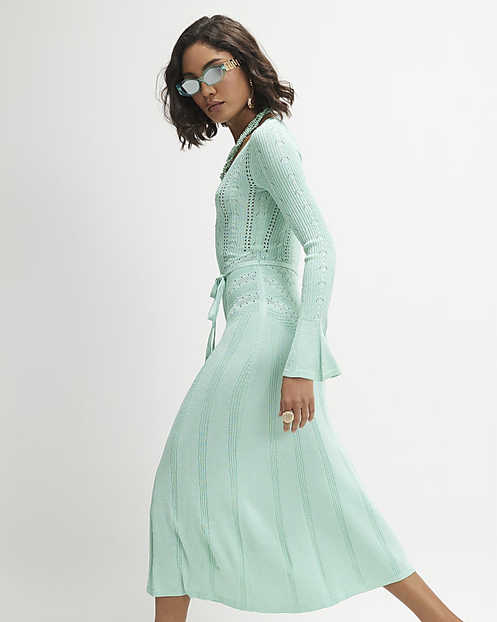 Blue Metallic Flare Knitted Midi Dress