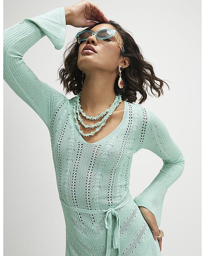 Blue Metallic Flare Knitted Midi Dress