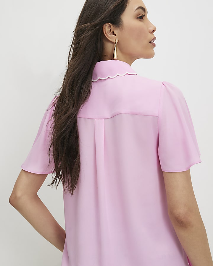 Pink Angel Sleeve Scallop Trim Top