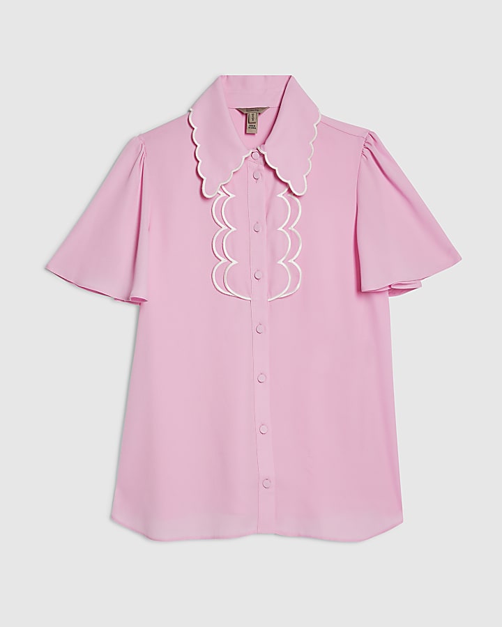 Pink Angel Sleeve Scallop Trim Top