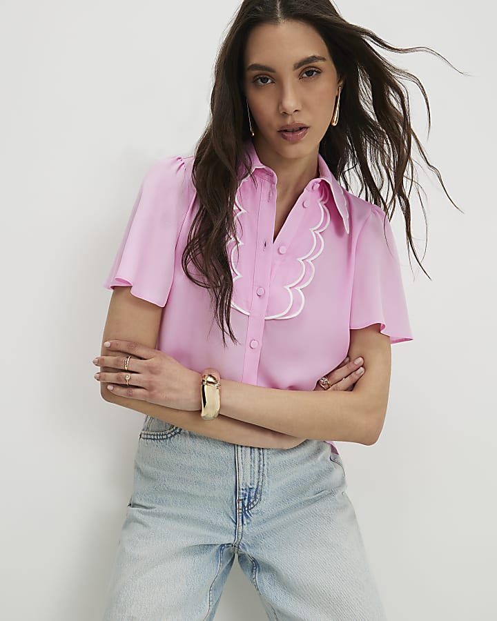 Pink Angel Sleeve Scallop Trim Top