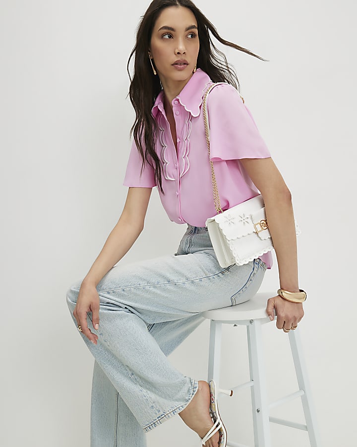 Pink Angel Sleeve Scallop Trim Top