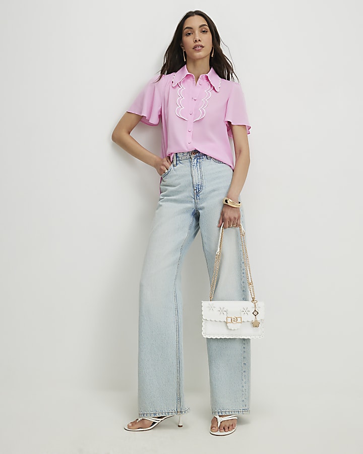 Pink Angel Sleeve Scallop Trim Top