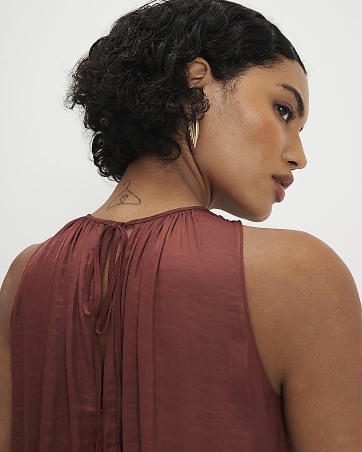 Brown Satin Sleeveless Top