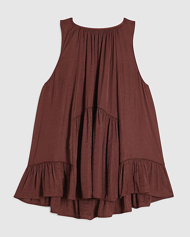 Brown Satin Sleeveless Top