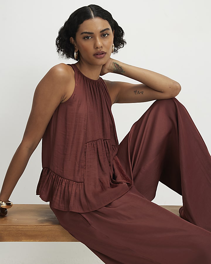 Brown Satin Sleeveless Top