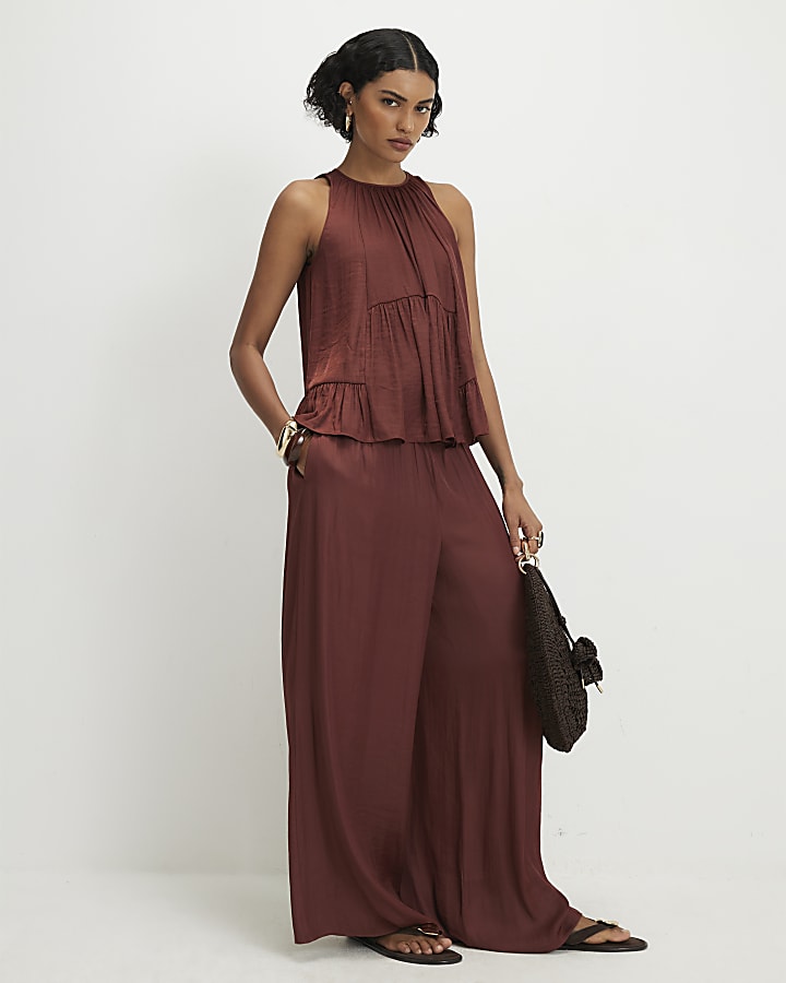 Brown Satin Sleeveless Top