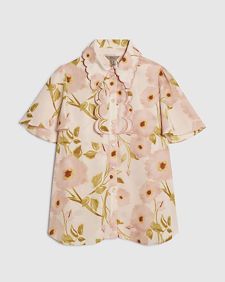 Pink Floral Angel Sleeve Scallop Trim Top