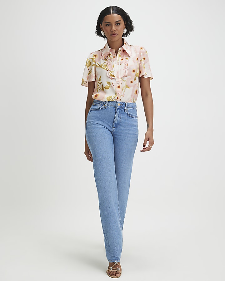 Pink Floral Angel Sleeve Scallop Trim Top