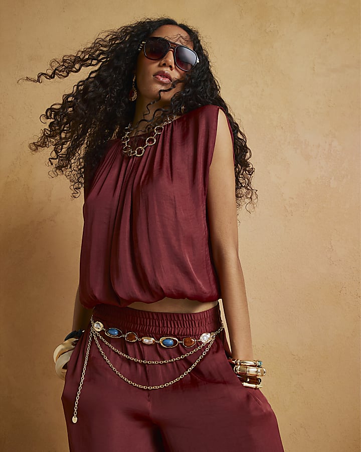 Brown Sleeveless Bubble Hem Top