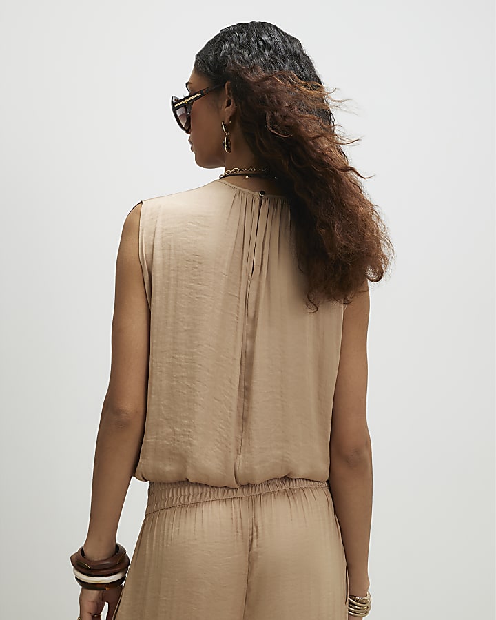 Beige Sleeveless Bubble Hem Top