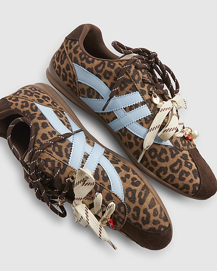 Brown Leopard Print Slim Double Lace Trainers