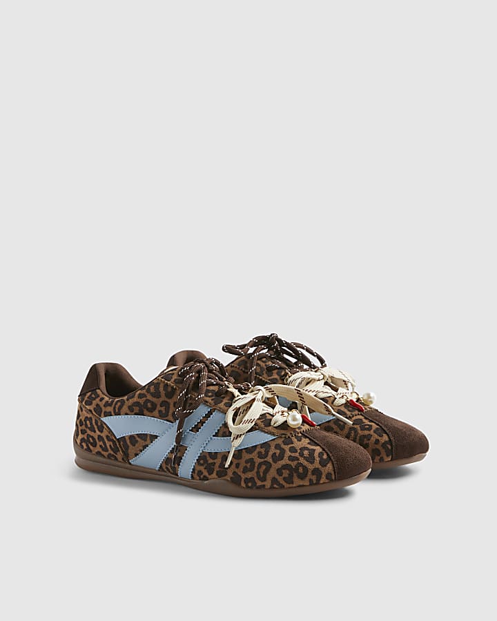 Brown Leopard Print Slim Double Lace Trainers