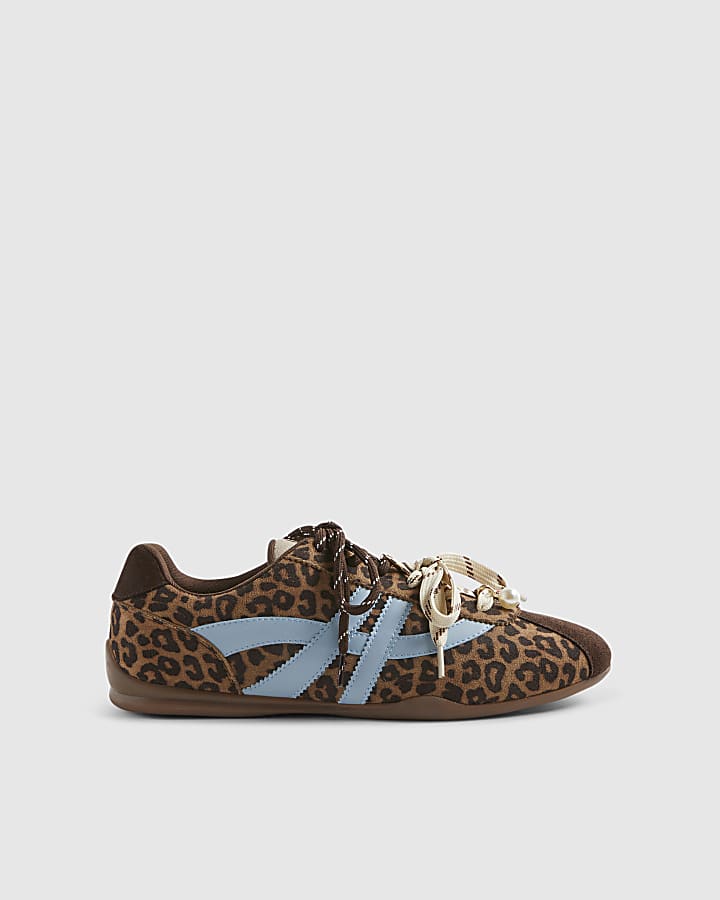 Brown Leopard Print Slim Double Lace Trainers