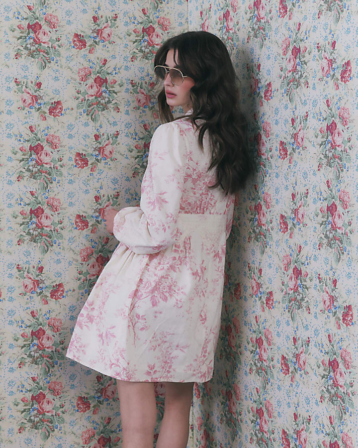 Cream Lace Trim Floral Mini Dress