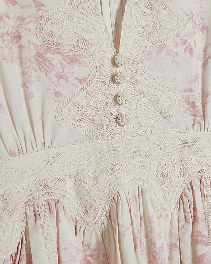 Cream Lace Trim Floral Mini Dress