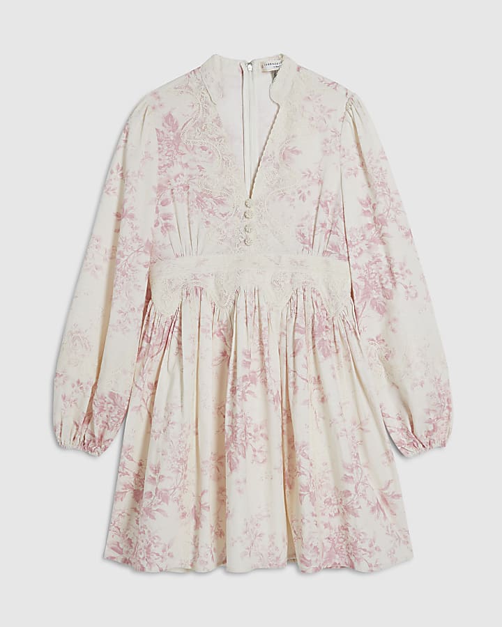 Cream Lace Trim Floral Mini Dress