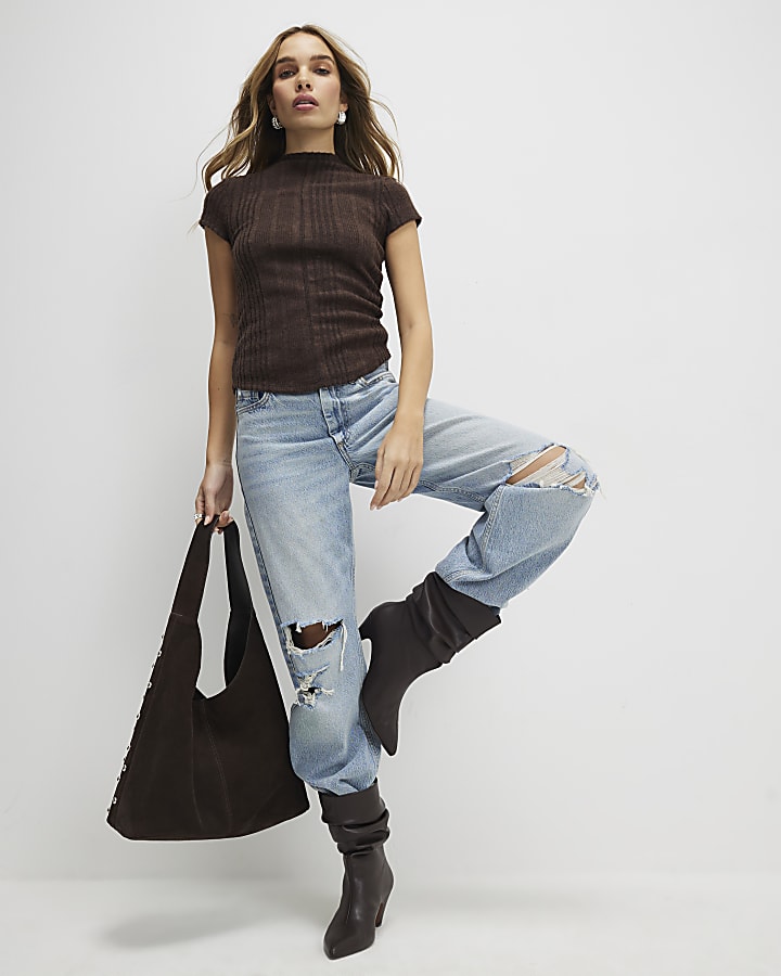 Brown Short Sleeve Cosy Cap Sleeve Top