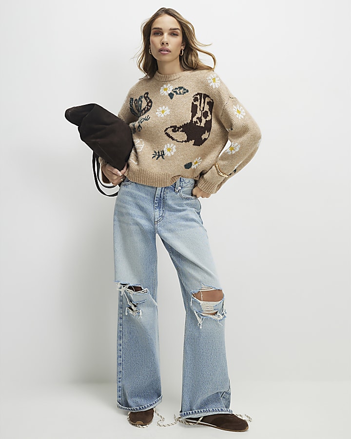 Beige Knitted Cowboy Motif Jumper