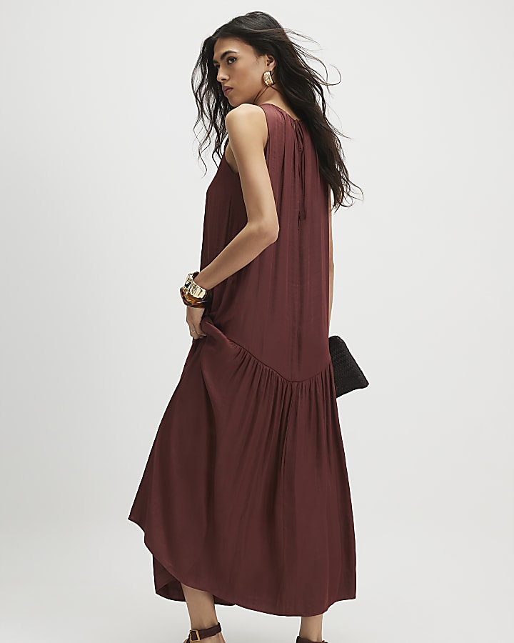 Brown Satin Halter Neck Dress