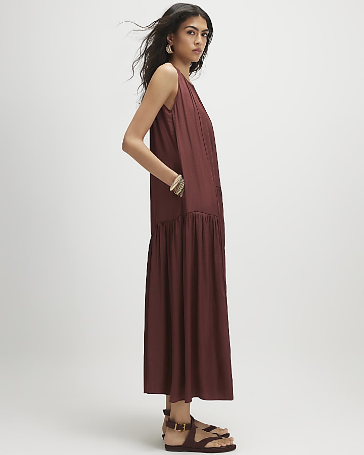 Brown Satin Halter Neck Dress