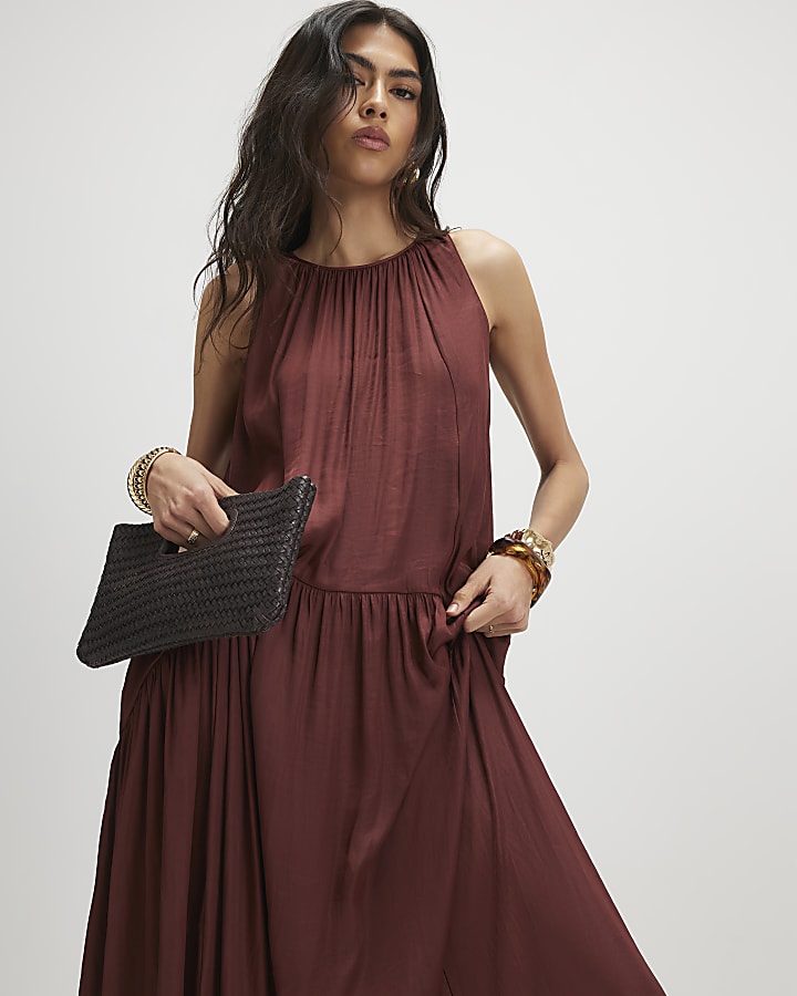 Brown Satin Halter Neck Dress