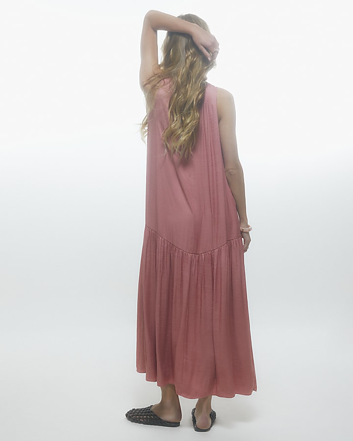 Pink Satin Sleeveless Midi Dress