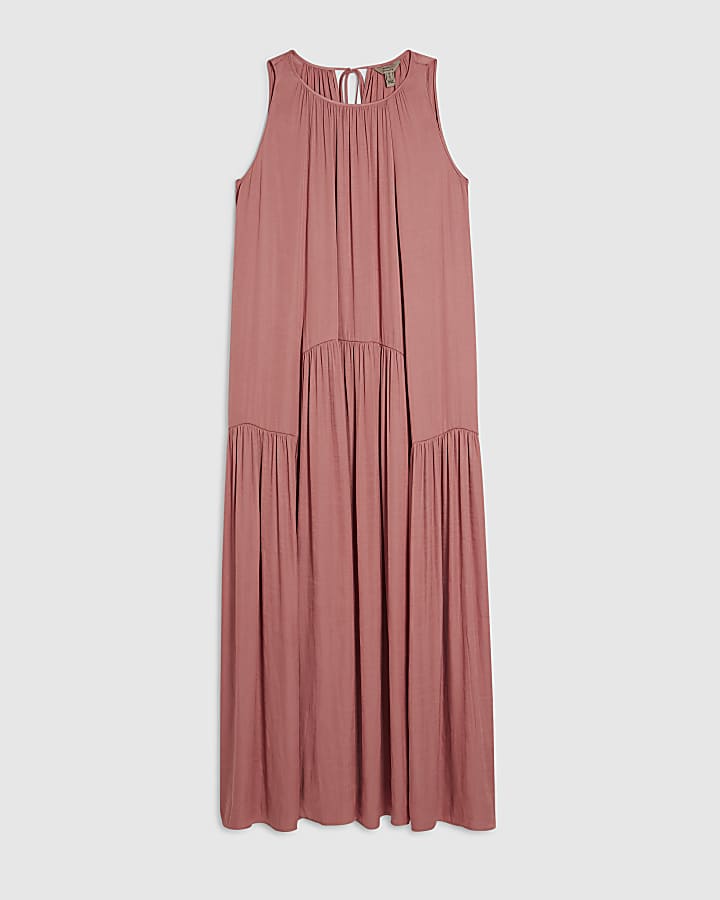 Pink Satin Sleeveless Midi Dress