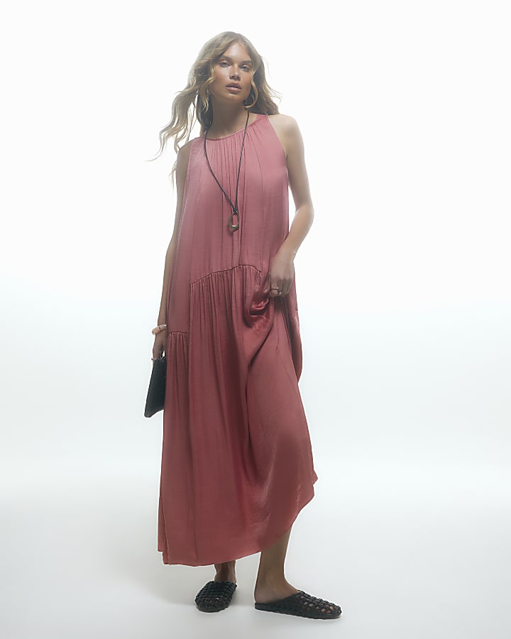 Pink Satin Sleeveless Midi Dress