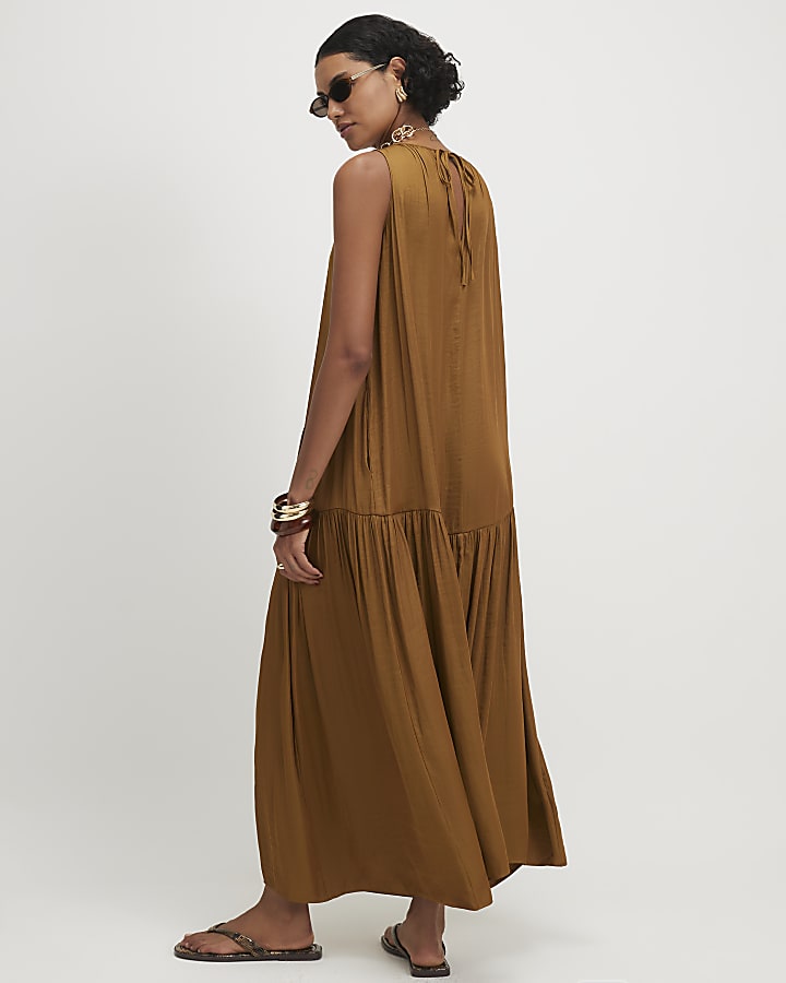 Orange Satin Sleeveless Halter Midi Dress