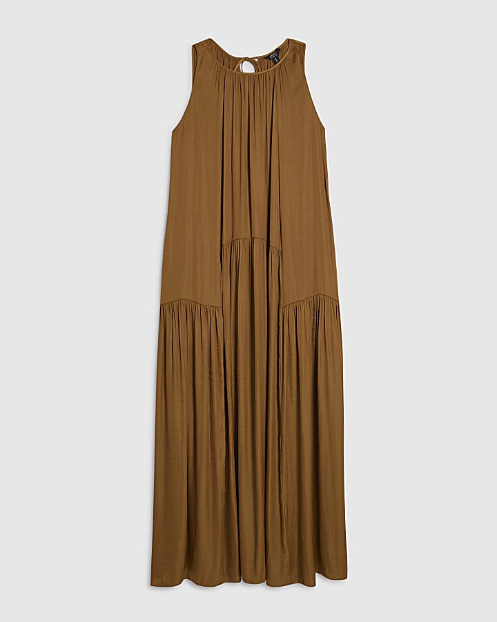 Orange Satin Sleeveless Halter Midi Dress