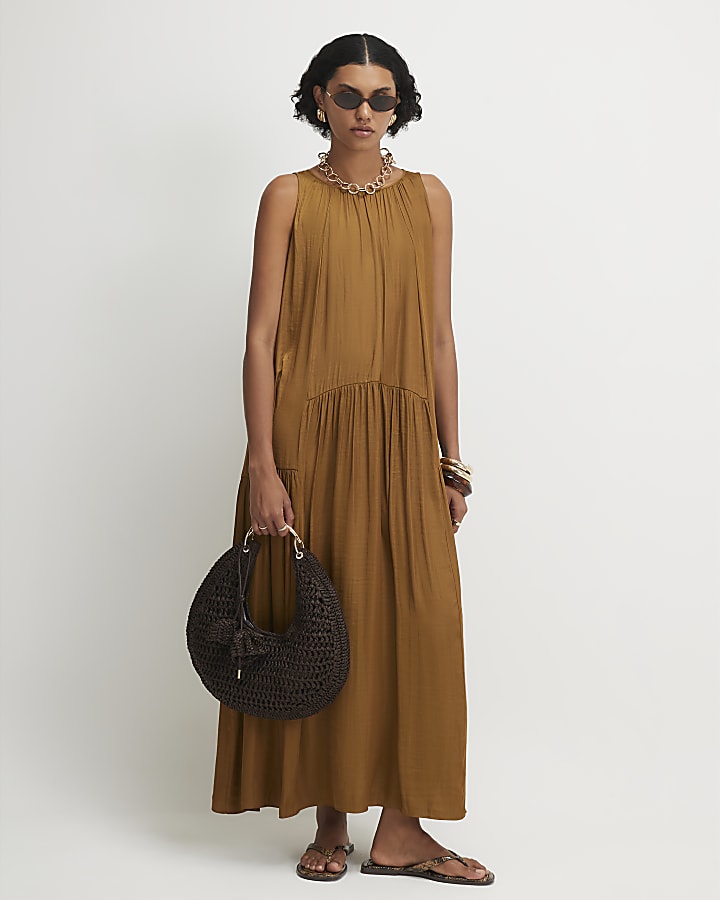 Orange Satin Sleeveless Halter Midi Dress