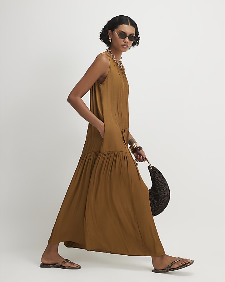 Orange Satin Sleeveless Halter Midi Dress