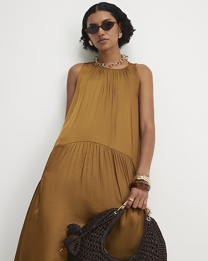 Orange Satin Sleeveless Halter Midi Dress