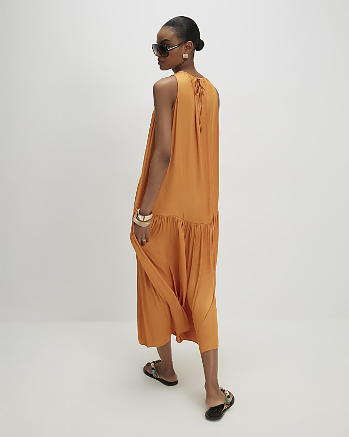 Yellow Satin Sleeveless Midi Dress