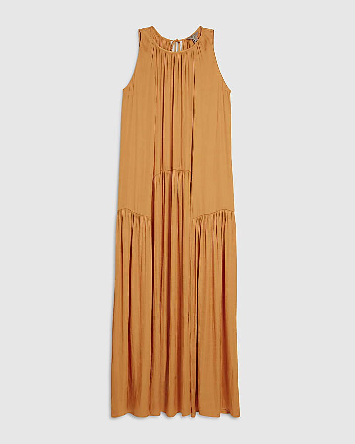 Yellow Satin Sleeveless Midi Dress