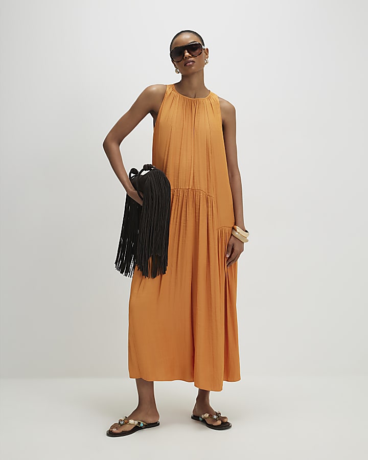 Yellow Satin Sleeveless Midi Dress