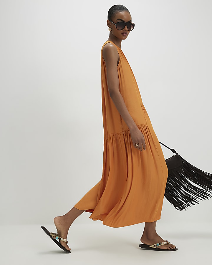 Yellow Satin Sleeveless Midi Dress