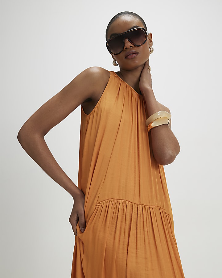 Yellow Satin Sleeveless Midi Dress