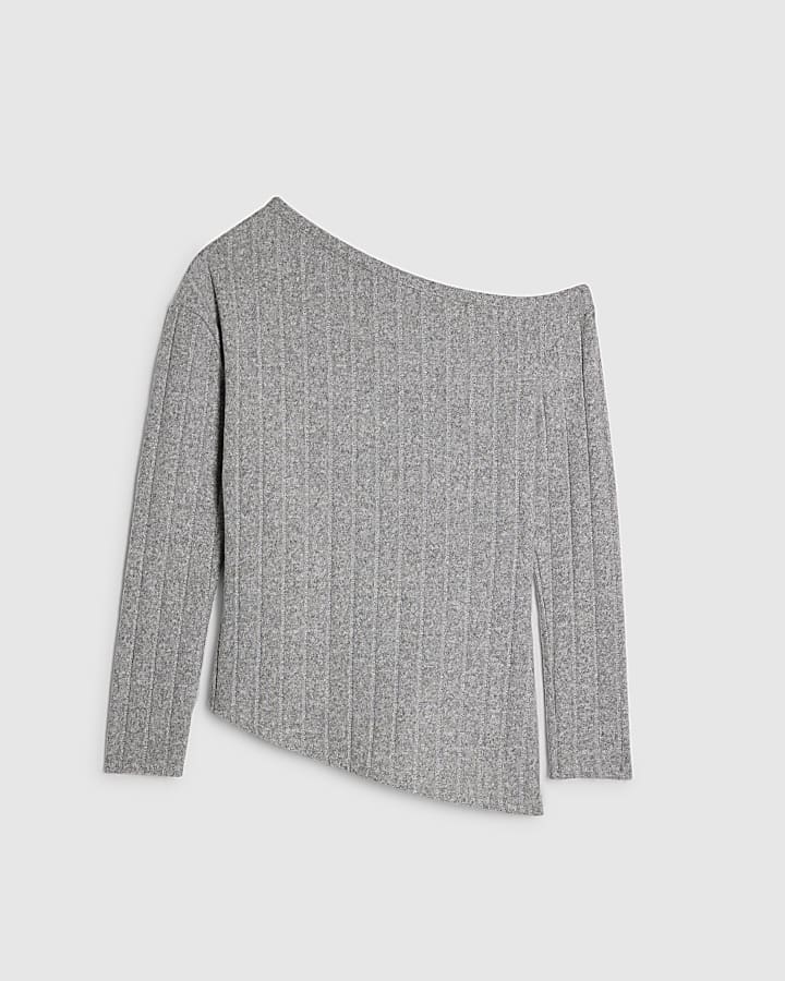 Grey Long Sleeve Cosy Off Shoulder Top