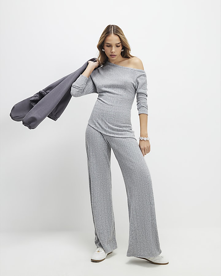 Grey Long Sleeve Cosy Off Shoulder Top