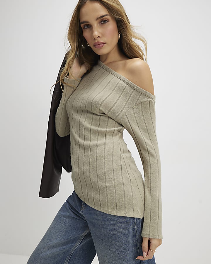 Green Cosy Long Sleeve Off Shoulder Top