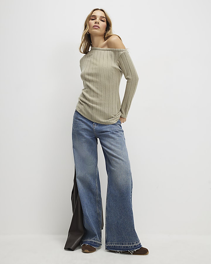 Green Cosy Long Sleeve Off Shoulder Top