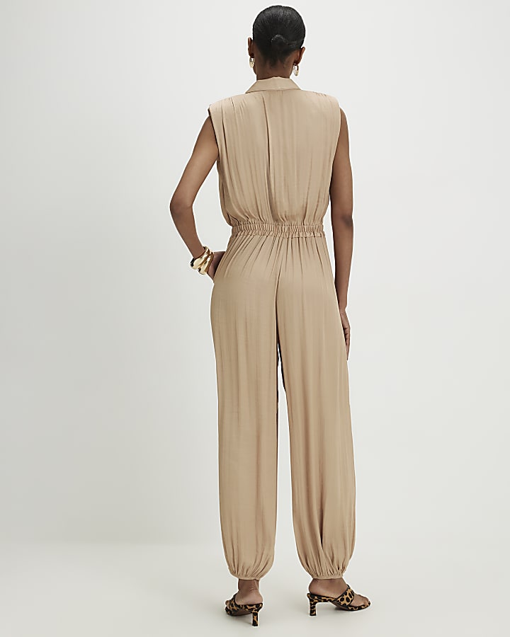 Beige Satin Balloon Leg Jumpsuit