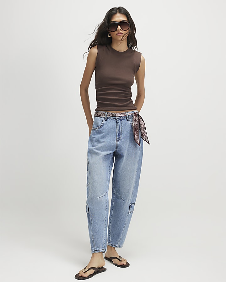Blue Utility Pleat Barrel Leg Jeans