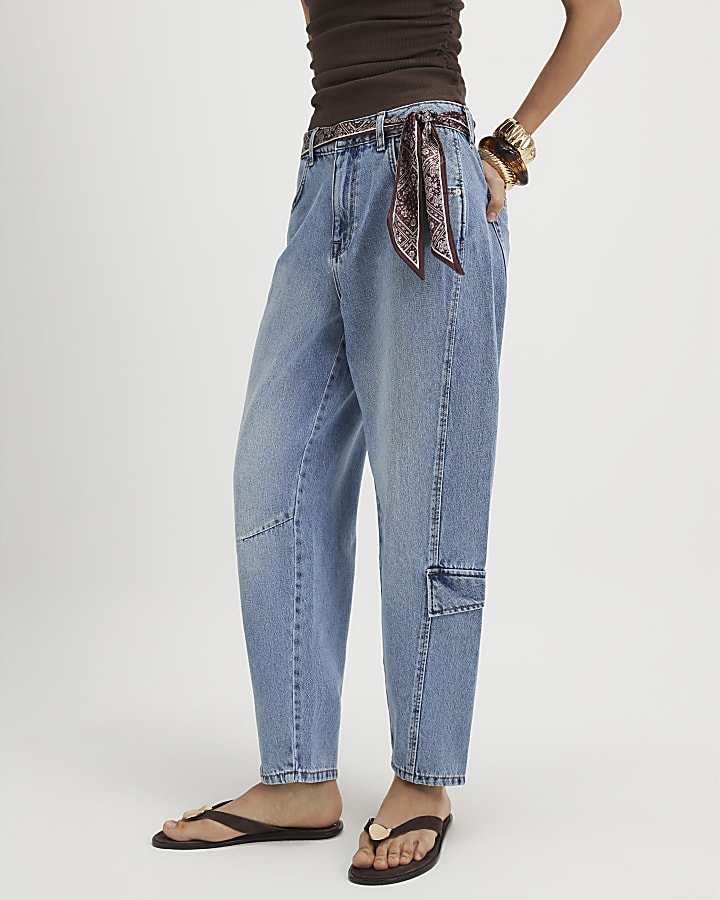 Blue Utility Pleat Barrel Leg Jeans