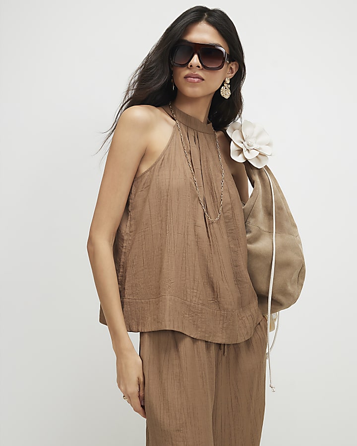 Beige Textured Halter Neck Top